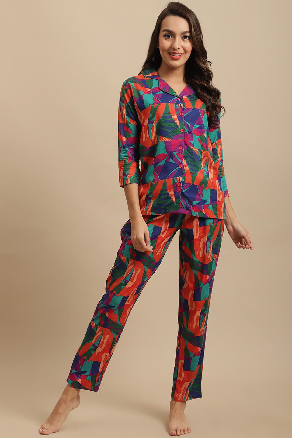 Multi Color Abstract Printed Cotton Nightsuit For Women Claura Designs Pvt. Ltd. Nightsuit Abstract Printed, Cotton, multi color, Nightsuit, Rayon, Sleepwear