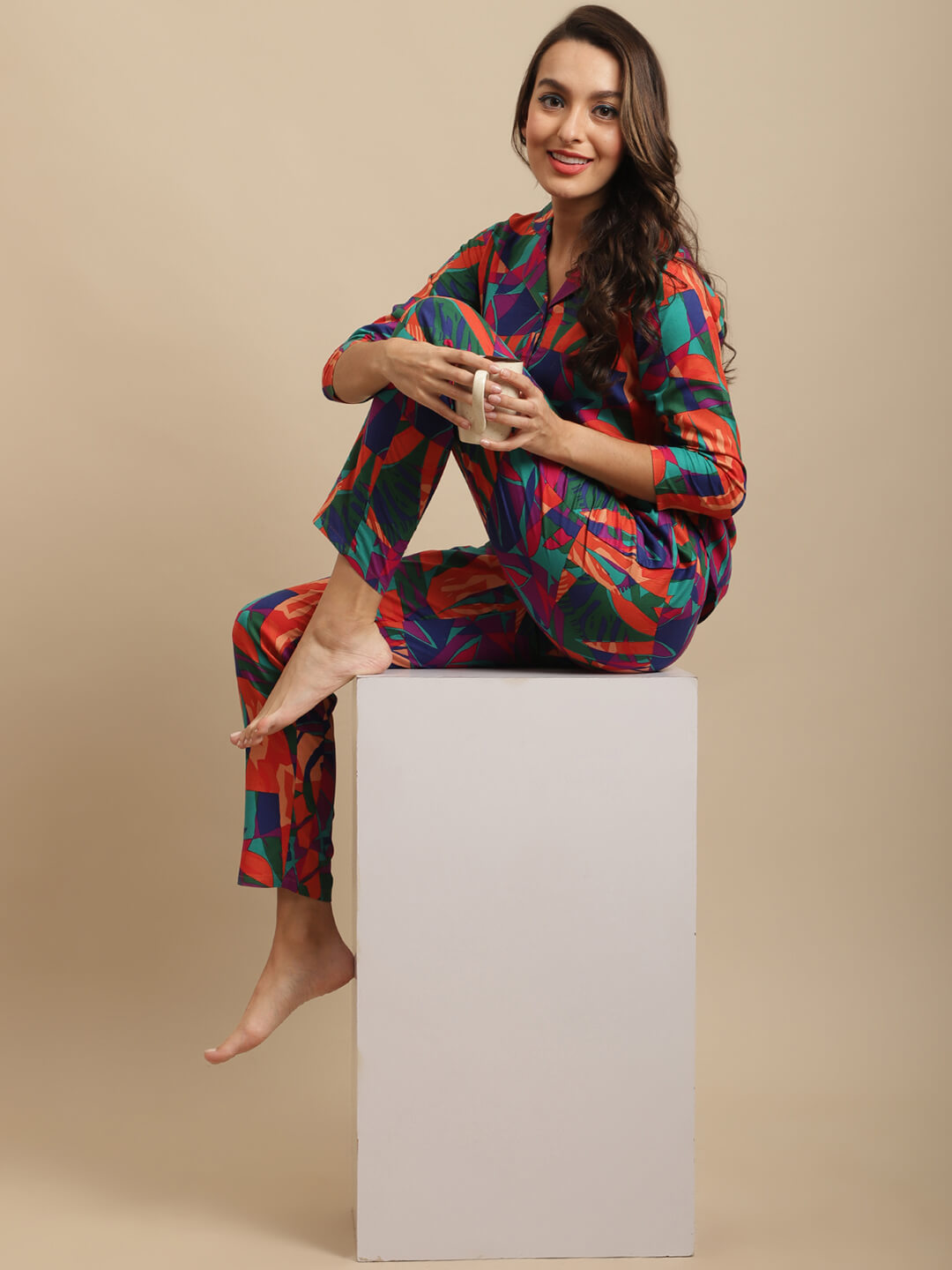 Multi Color Abstract Printed Cotton Nightsuit For Women Claura Designs Pvt. Ltd. Nightsuit Abstract Printed, Cotton, multi color, Nightsuit, Rayon, Sleepwear