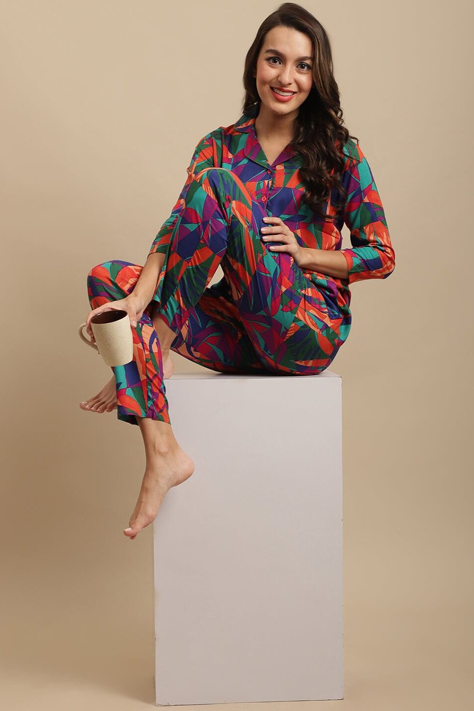 Multi Color Abstract Printed Cotton Nightsuit For Women Claura Designs Pvt. Ltd. Nightsuit Abstract Printed, Cotton, multi color, Nightsuit, Rayon, Sleepwear