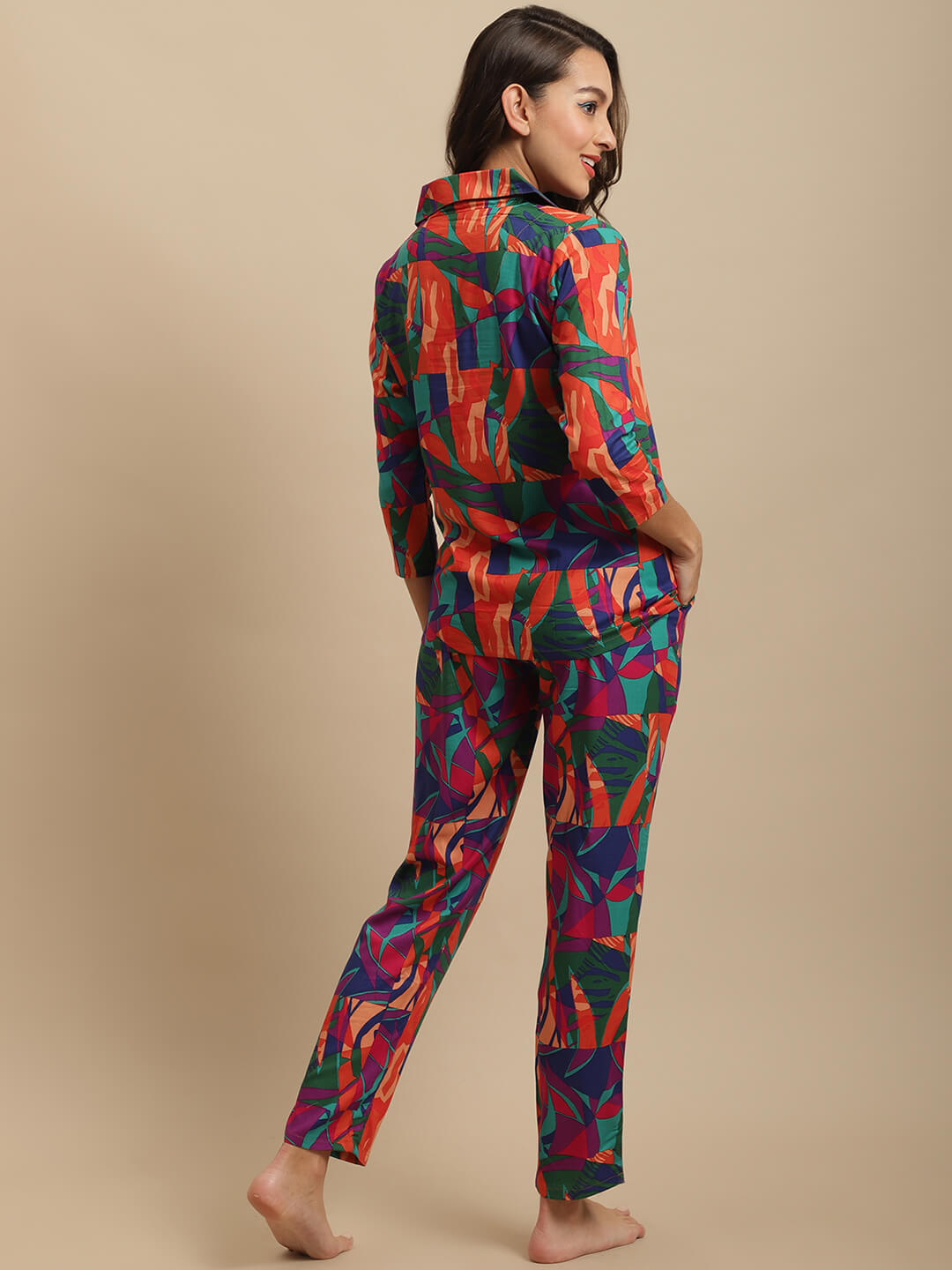 Multi Color Abstract Printed Cotton Nightsuit For Women Claura Designs Pvt. Ltd. Nightsuit Abstract Printed, Cotton, multi color, Nightsuit, Rayon, Sleepwear