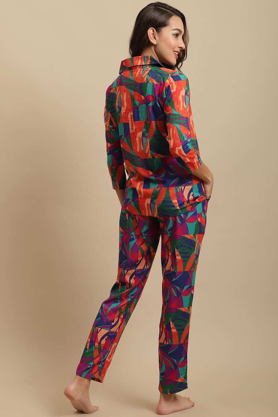 Multi Color Abstract Printed Cotton Nightsuit For Women Claura Designs Pvt. Ltd. Nightsuit Abstract Printed, Cotton, multi color, Nightsuit, Rayon, Sleepwear