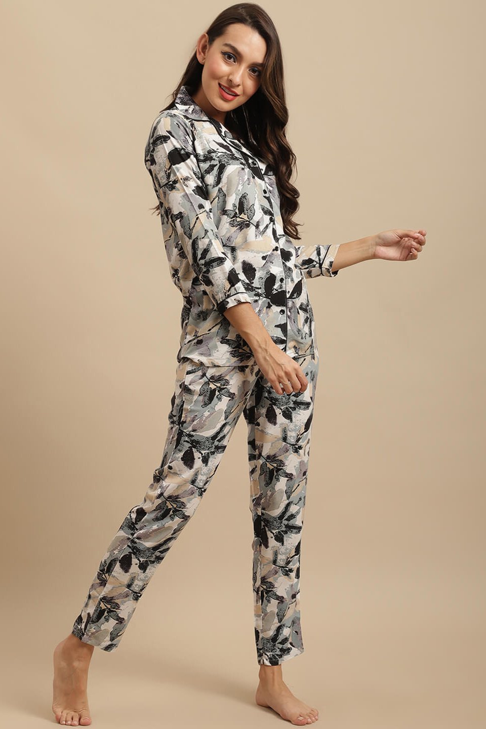 Black Floral Printed Viscose Rayon Nightsuit For women Claura Designs Pvt. Ltd. Nightsuit Black, Floral, Full Sleeves, Nightsuit, Rayon, Sleepwear