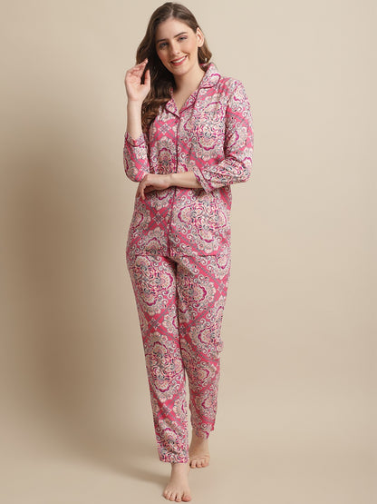 Pink Color Floral Printed Viscose Rayon Nightsuit For Women Claura Designs Pvt. Ltd. Nightsuit Abstract, Chanderi Silk, Co-ord Set, Ethnic, Floral, Pink, Rayon