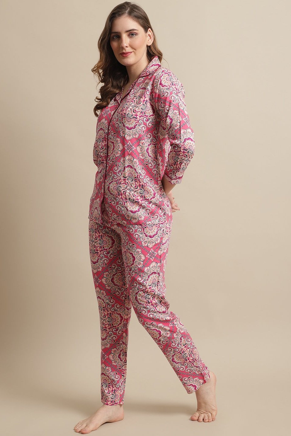 Pink Color Floral Printed Viscose Rayon Nightsuit For Women Claura Designs Pvt. Ltd. Nightsuit Abstract, Chanderi Silk, Co-ord Set, Ethnic, Floral, Pink, Rayon