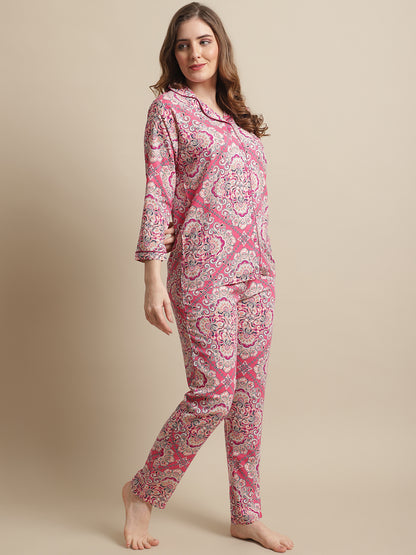 Pink Color Floral Printed Viscose Rayon Nightsuit For Women Claura Designs Pvt. Ltd. Nightsuit Abstract, Chanderi Silk, Co-ord Set, Ethnic, Floral, Pink, Rayon