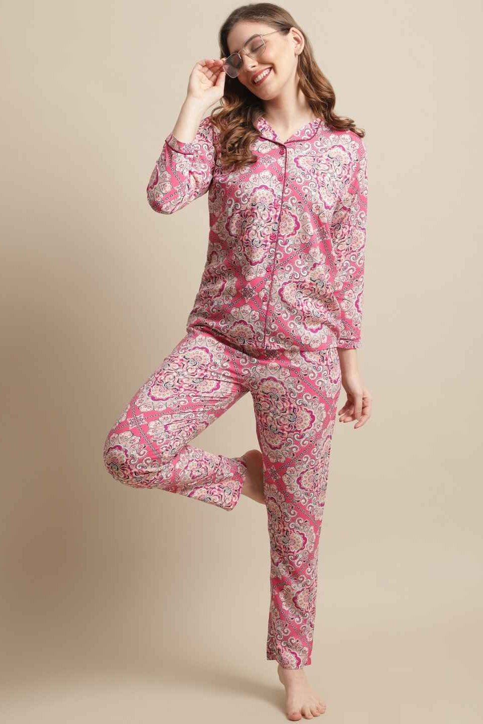 Pink Color Floral Printed Viscose Rayon Nightsuit For Women Claura Designs Pvt. Ltd. Nightsuit Abstract, Chanderi Silk, Co-ord Set, Ethnic, Floral, Pink, Rayon