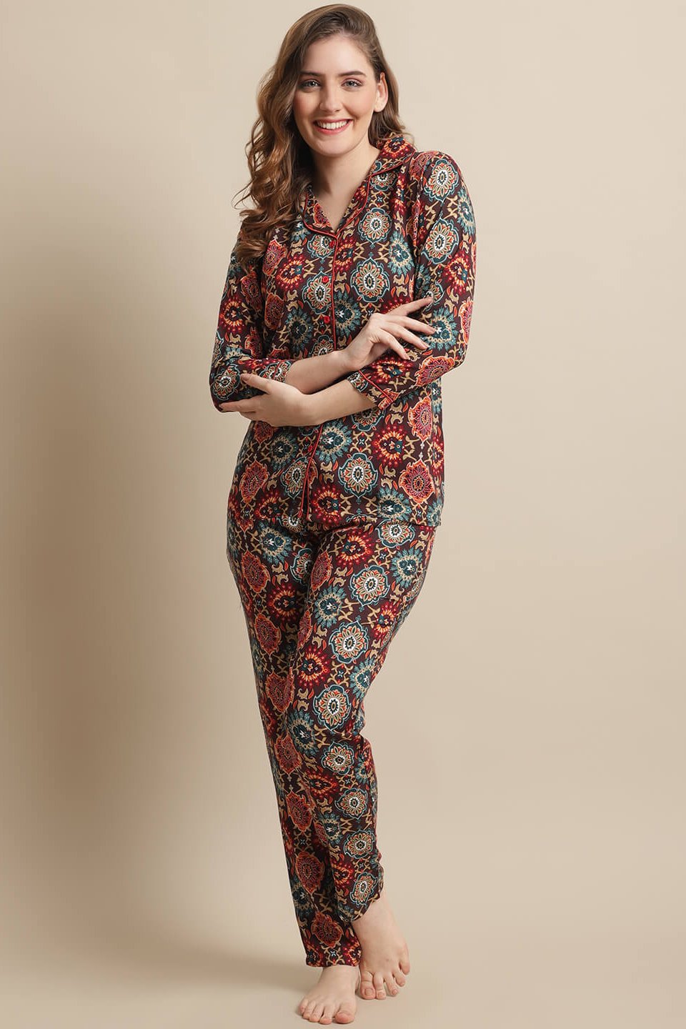 Brown Abstract Printed Viscose Rayon Nightsuit for Women Claura Designs Pvt. Ltd. Nightsuit brown, Nightsuit, Rayon, Sleepwear