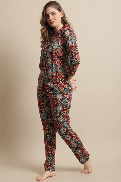 Brown Abstract Printed Viscose Rayon Nightsuit for Women Claura Designs Pvt. Ltd. Nightsuit brown, Nightsuit, Rayon, Sleepwear