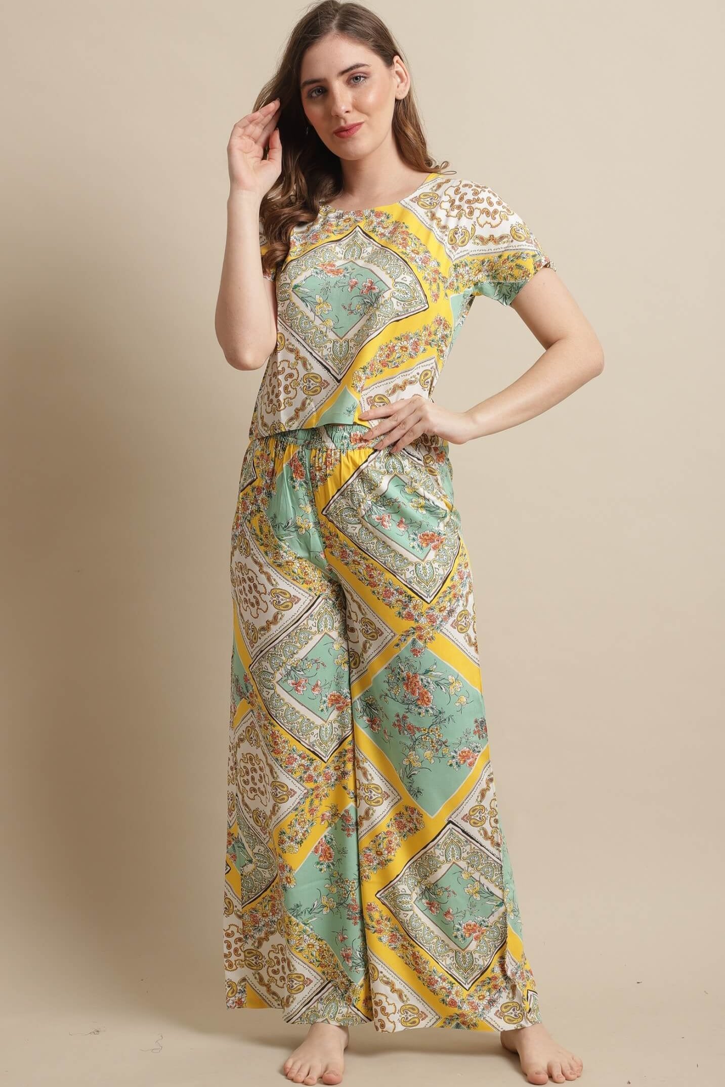 Yellow Color Floral Printed Viscose Ryon Night suit Claura Designs Pvt. Ltd. Nightsuit Floral, Nightsuit, Printed, Rayon, Short Sleeves, Sleepwear, Yellow