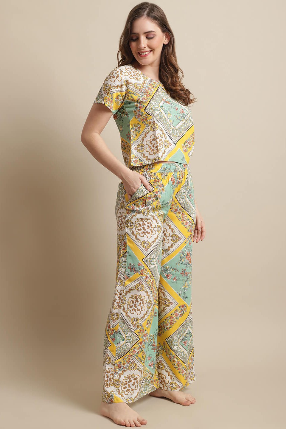 Yellow Cotton Night Suit with Short Sleeves and Pyjama Bottoms