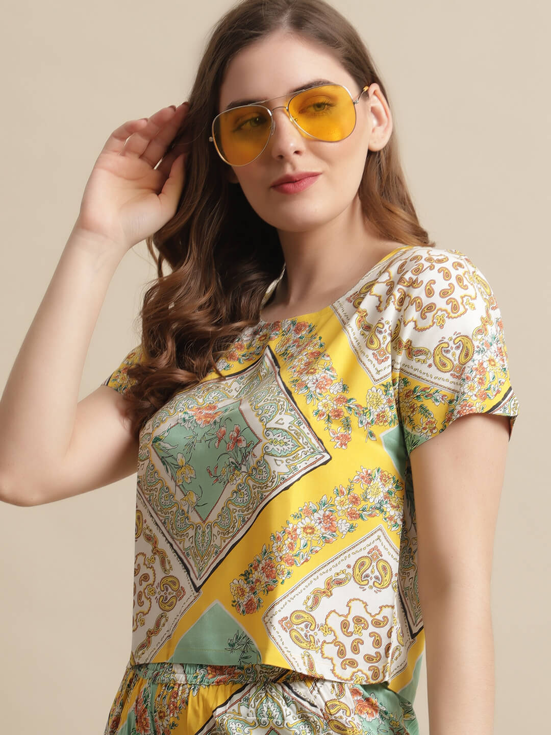 Yellow Color Floral Printed Viscose Ryon Night suit Claura Designs Pvt. Ltd. Nightsuit Floral, Nightsuit, Printed, Rayon, Short Sleeves, Sleepwear, Yellow