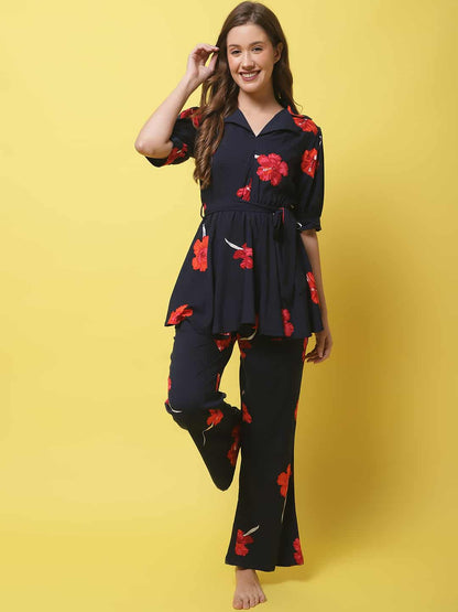 Navy Color Floral  Printed Viscose Rayon Nightsuit For Women Claura Designs Pvt. Ltd. Nightsuit Floral, Navy Blue, Nightsuit, Rayon, Sleepwear