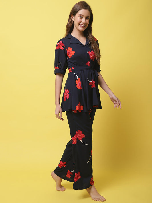 Navy Color Floral  Printed Viscose Rayon Nightsuit For Women Claura Designs Pvt. Ltd. Nightsuit Floral, Navy Blue, Nightsuit, Rayon, Sleepwear