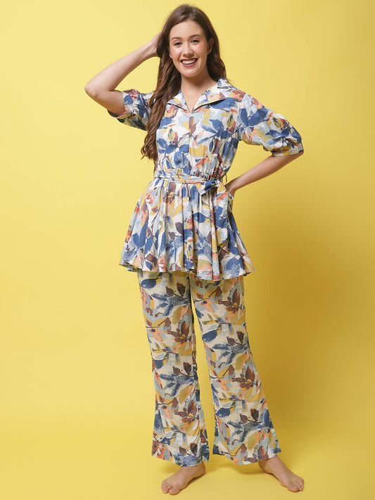 Blue Color Floral Printed Viscose Rayon Nightsuit For Women Claura Designs Pvt. Ltd. Nightsuit blue, Floral, Nightsuit, Rayon, Short Sleeves, Sleepwear