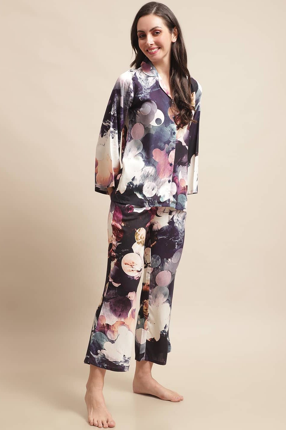 Purple Color Abstract Printed Cotton Nightsuit For Women Claura Designs Pvt. Ltd. Nightsuit Nightsuit, Purple, Rayon, Sleepwear