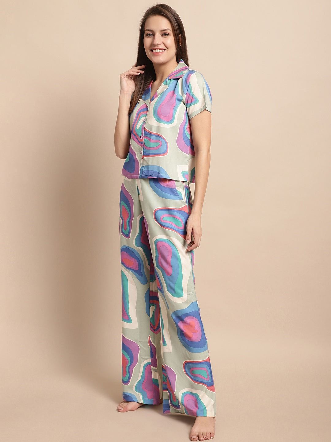 Multi Color Abstract Printed Viscose Rayon Nightsuit For Women Claura Designs Pvt. Ltd. Nightsuit multi color, Nightsuit, Rayon, Short Sleeves, Sleepwear