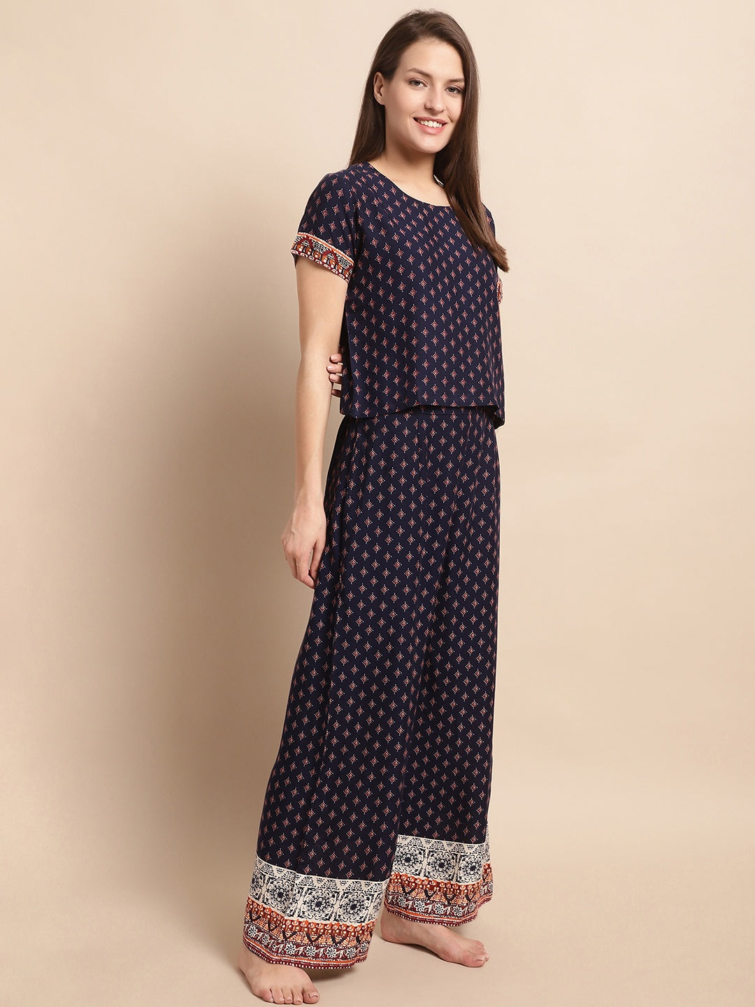 Navy Color Abstract Printed Viscose Rayon Nightsuit For Women Claura Designs Pvt. Ltd. Nightsuit Abstract, Navy Blue, Nightsuit, Rayon, Sleepwear