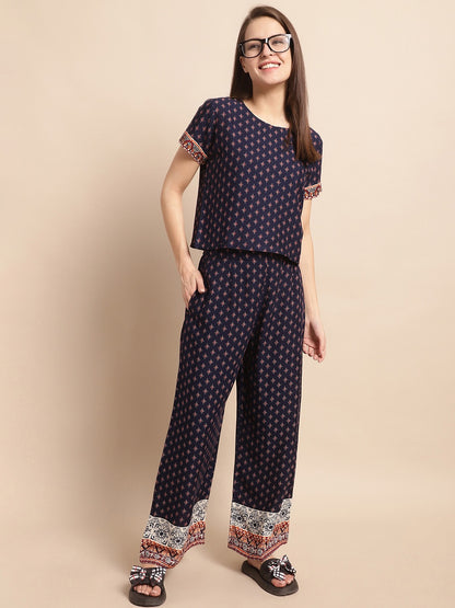 Navy Color Abstract Printed Viscose Rayon Nightsuit For Women Claura Designs Pvt. Ltd. Nightsuit Abstract, Navy Blue, Nightsuit, Rayon, Sleepwear