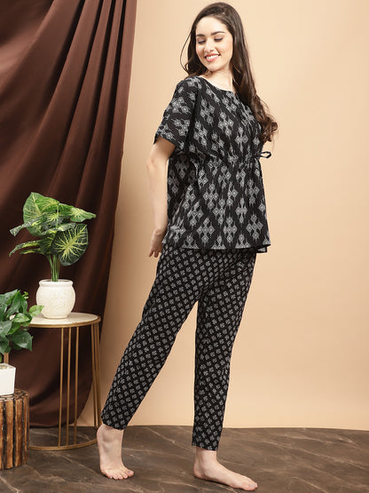 Black Color Abstract Printed Cotton Ethnic motifs Nightsuit For Women Claura Designs Pvt. Ltd. Nightsuit Abstract, Black, Cotton, Nightsuit, Short Sleeves, Sleepwear