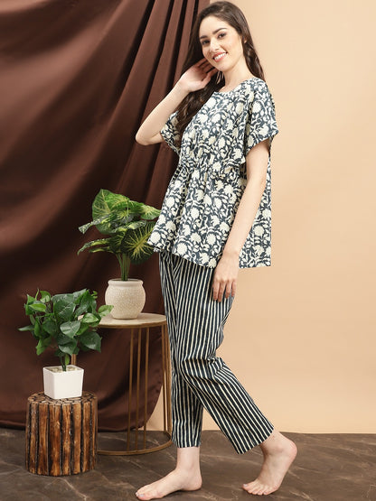Blue Color Floral Printed Cotton Nightsuit For Women Claura Designs Pvt. Ltd. Nightsuit blue, Cotton, Floral, Nightsuit, Rayon, Short Sleeves, Sleepwear
