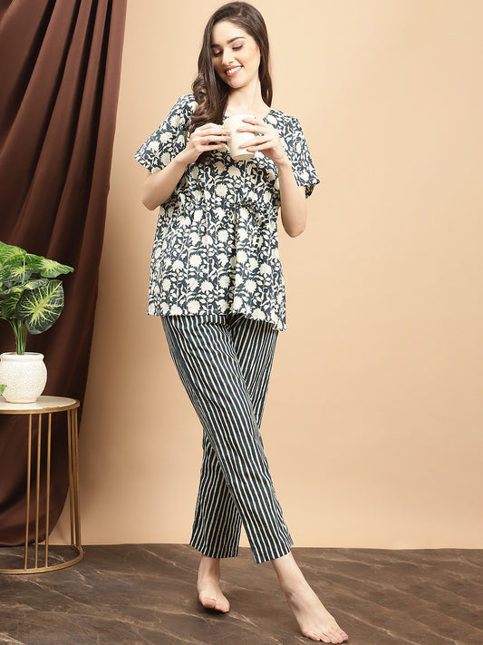 Blue Color Floral Printed Cotton Nightsuit For Women Claura Designs Pvt. Ltd. Nightsuit blue, Cotton, Floral, Nightsuit, Rayon, Short Sleeves, Sleepwear