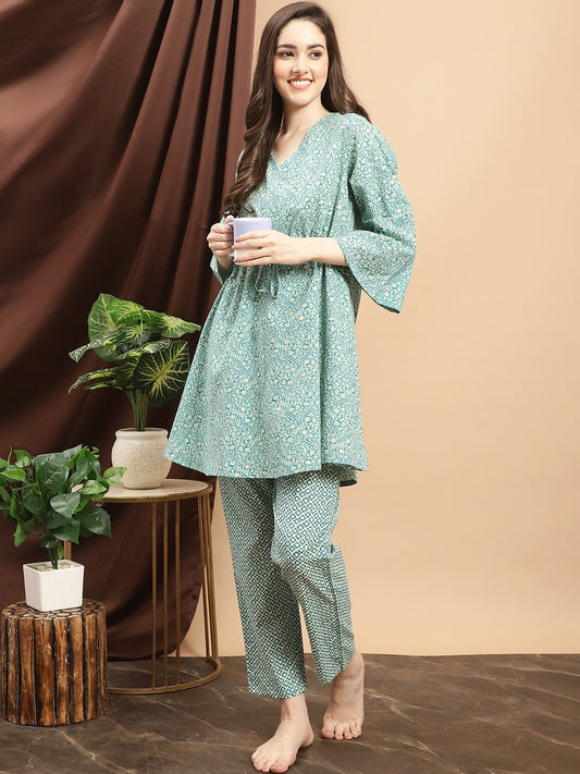 Green Color Floral Printed Cotton Nightsuit For Women Claura Designs Pvt. Ltd. Nightsuit Floral, Green, Nightsuit, Rayon, Sleepwear