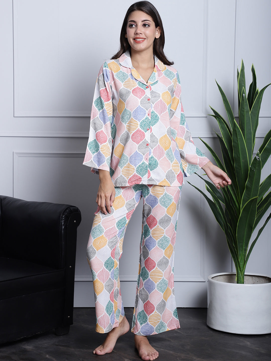 Multi Color Abstract Printed Viscose Rayon Night suit For Women Claura Designs Pvt. Ltd. Nightsuit Abstract, multi color, Nightsuit, Printed, Rayon