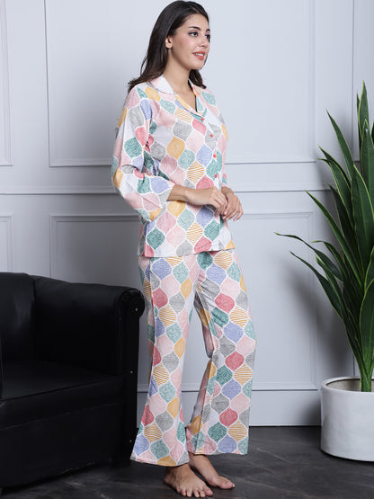 Multi Color Abstract Printed Viscose Rayon Night suit For Women Claura Designs Pvt. Ltd. Nightsuit Abstract, multi color, Nightsuit, Printed, Rayon