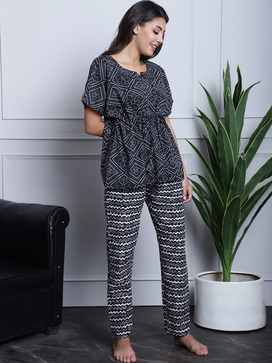 Grey Color Abstract Printed Cotton Nightsuit For Women Claura Designs Pvt. Ltd. Nightsuit Cotton, Grey, Nightdress, Printed, Rayon, Short Sleeves, Sleepwear, V.Neck