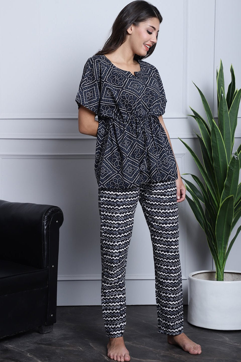 Grey Color Abstract Printed Cotton Nightsuit For Women Claura Designs Pvt. Ltd. Nightsuit Cotton, Grey, Nightdress, Printed, Rayon, Short Sleeves, Sleepwear, V.Neck