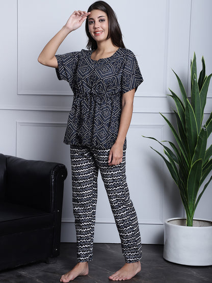 Grey Color Abstract Printed Cotton Nightsuit For Women Claura Designs Pvt. Ltd. Nightsuit Cotton, Grey, Nightdress, Printed, Rayon, Short Sleeves, Sleepwear, V.Neck