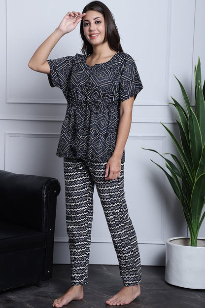 Grey Color Abstract Printed Cotton Nightsuit For Women Claura Designs Pvt. Ltd. Nightsuit Cotton, Grey, Nightdress, Printed, Rayon, Short Sleeves, Sleepwear, V.Neck