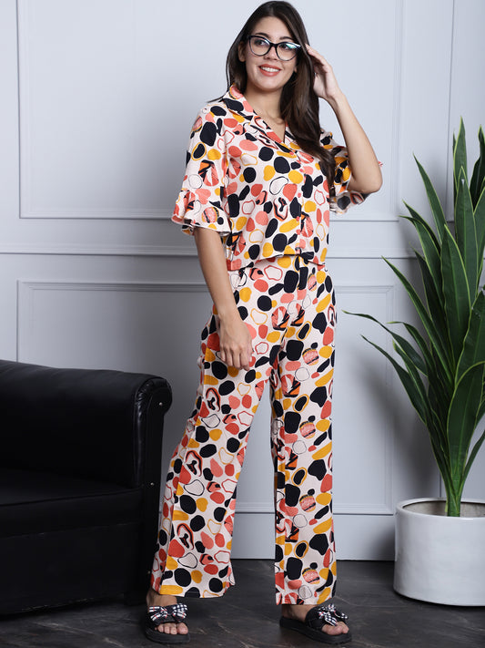 Peach Astract Printed Viscose Rayon Nightsuit For Women Claura Designs Pvt. Ltd. Nightsuit Abstract Printed, Nightsuit, peach color, Rayon, Sleepwear