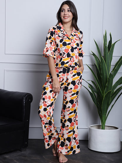 Peach Astract Printed Viscose Rayon Nightsuit For Women Claura Designs Pvt. Ltd. Nightsuit Abstract Printed, Nightsuit, peach color, Rayon, Sleepwear