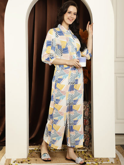 Blue Color Geometric Printed Viscose Rayon Nightsuit For Women Claura Designs Pvt. Ltd. Nightsuit blue, Cotton, Nightsuit, Rayon, Sleepwear