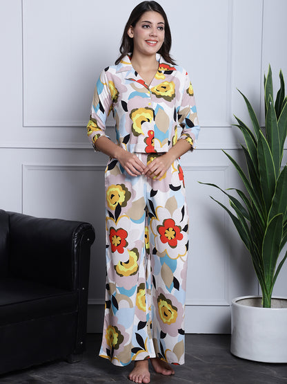 Multi Color Abstract Printed Viscose Rayon  Night suit For Women Claura Designs Pvt. Ltd. Nightsuit Abstract, multi color, Nightsuit, Printed, rayon