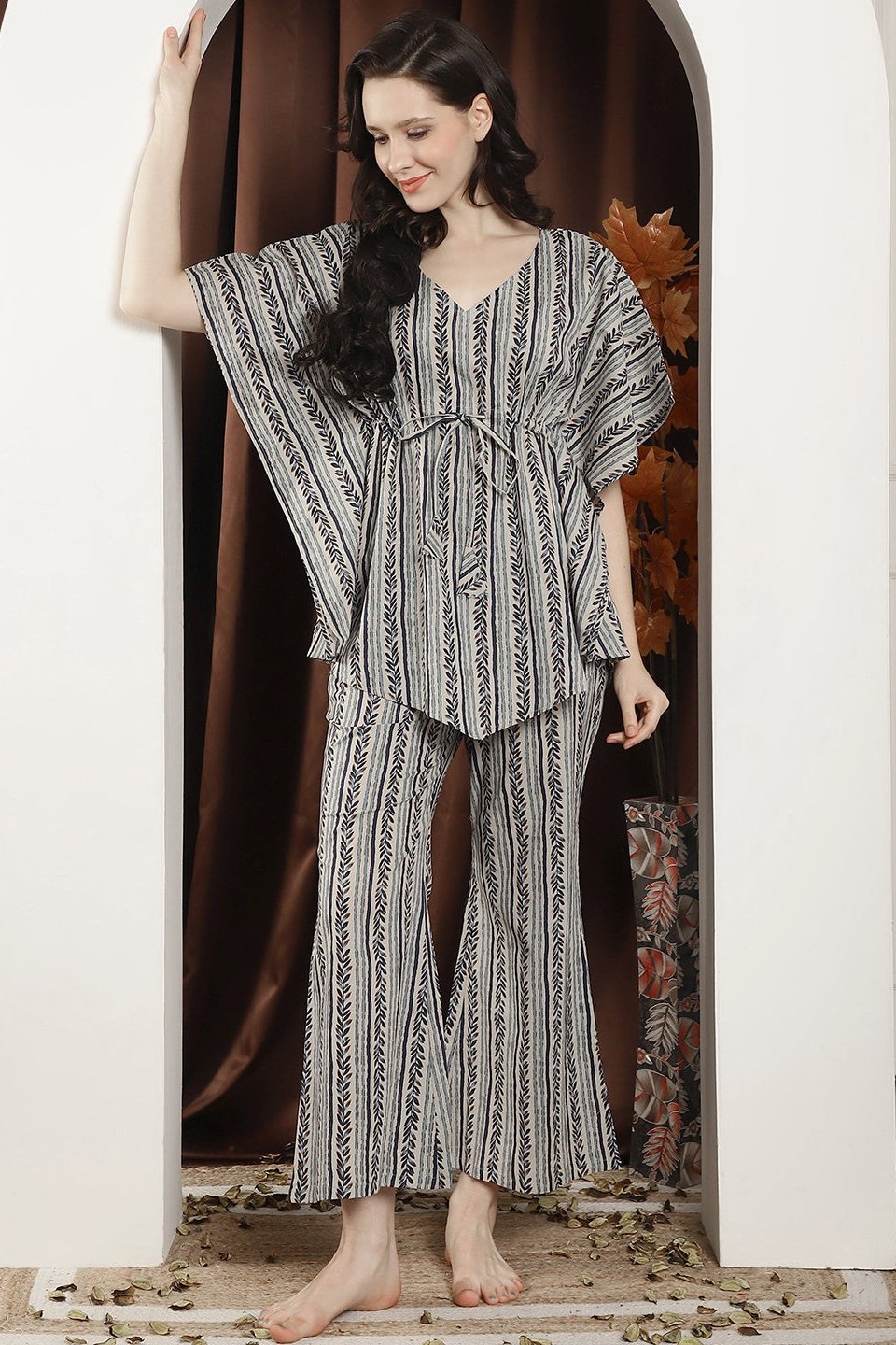 Beige Striped Printed Cotton V-Neck Kaftan Nightsuit For Women Claura Designs Pvt. Ltd. Nightsuit Cotton, kaftan, Nightsuit, Printed, Sleepwear, V-Neck