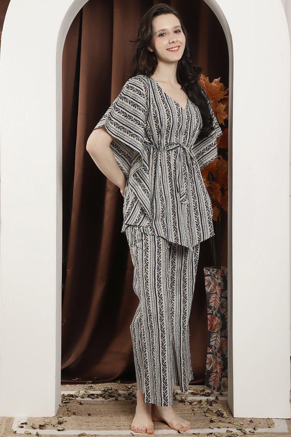 Beige Striped Printed Cotton V-Neck Kaftan Nightsuit For Women Claura Designs Pvt. Ltd. Nightsuit Cotton, kaftan, Nightsuit, Printed, Sleepwear, V-Neck