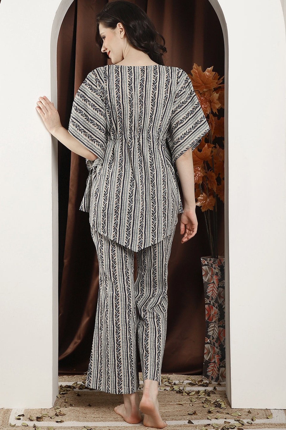 Beige Striped Printed Cotton V-Neck Kaftan Nightsuit For Women Claura Designs Pvt. Ltd. Nightsuit Cotton, kaftan, Nightsuit, Printed, Sleepwear, V-Neck