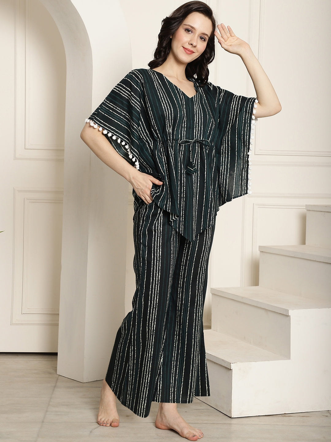 Green Striped Printed Cotton Kaftan Top With Pyjamas Nightsuit