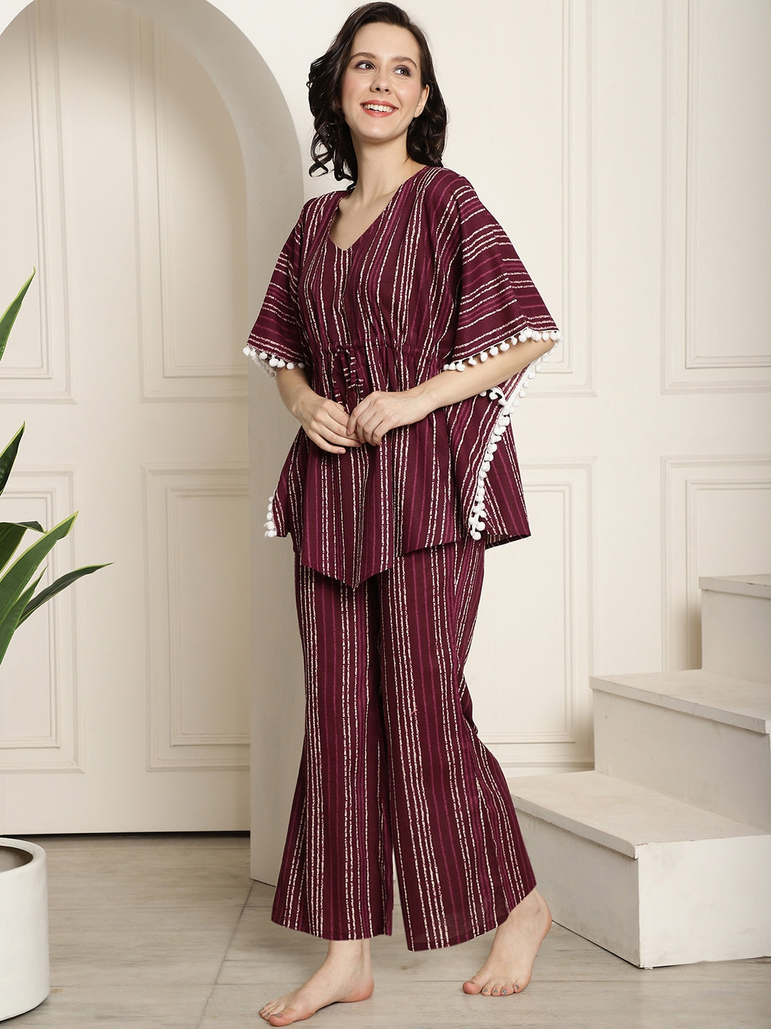 Maroon Color Striped Printed Cotton Nightsuit For Women Claura Designs Pvt. Ltd. Cord set Cotton, Kaftan_allsizes, Maroon, Rayon, Sleepwear