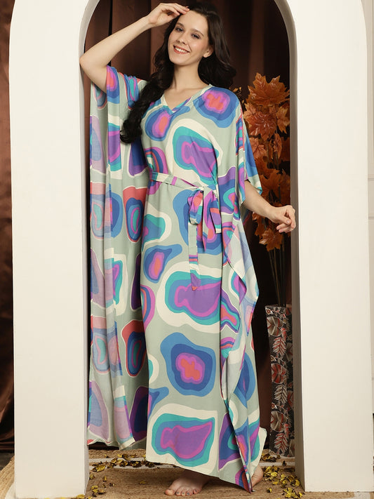 Multicolor Abstract Printed Viscose Rayon kaftan For Woman Claura Designs Pvt. Ltd. Kaftan Abstract, kaftan, Kaftan_allsizes, multi color, Nightdress, Printed, Rayon, Sleepwear, V-Neck