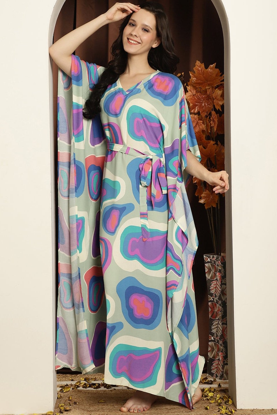 Multicolor Abstract Printed Viscose Rayon kaftan For Woman Claura Designs Pvt. Ltd. Kaftan Abstract, kaftan, Kaftan_allsizes, multi color, Nightdress, Printed, Rayon, Sleepwear, V-Neck