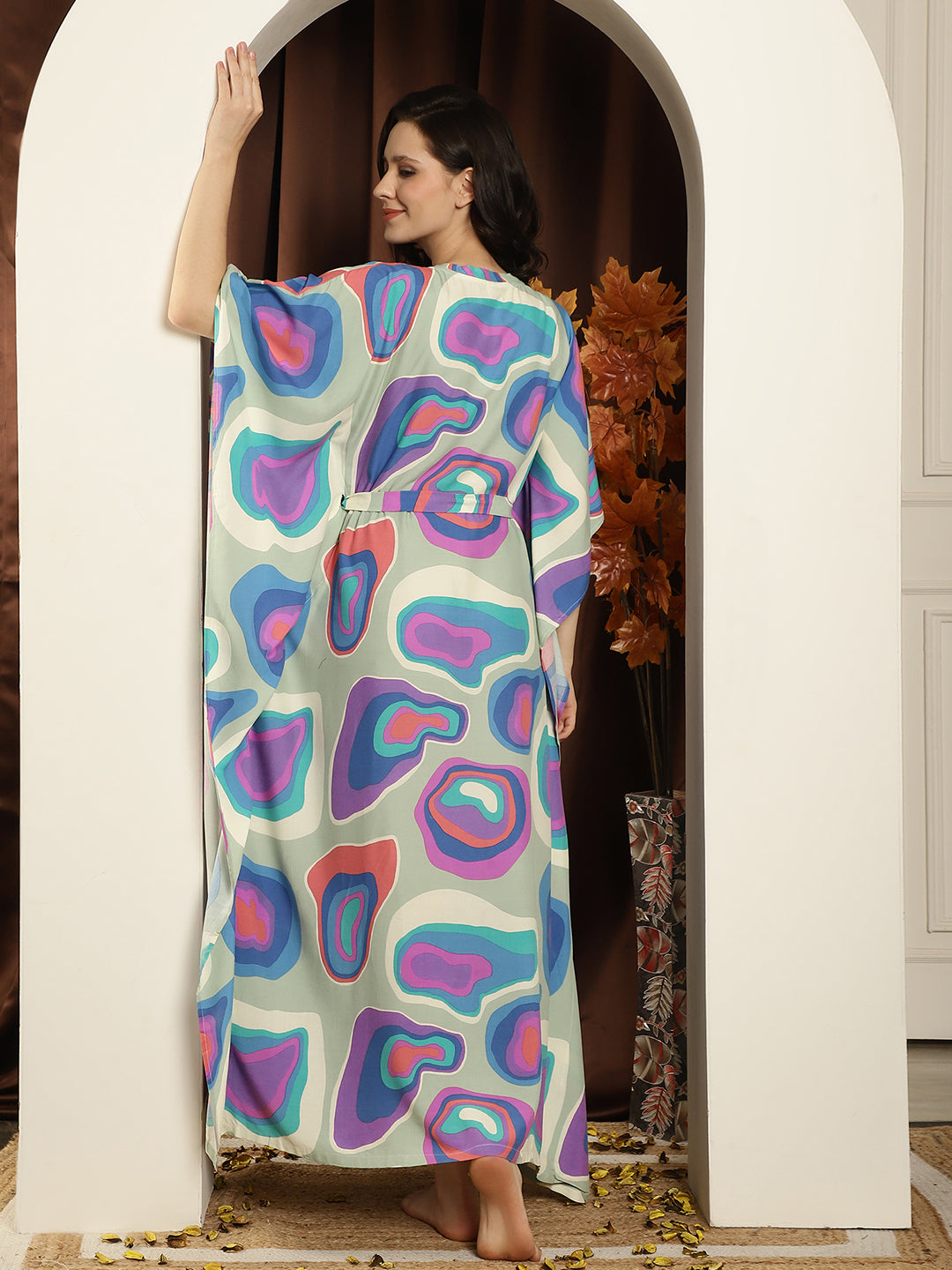 Multicolor Abstract Printed Viscose Rayon kaftan For Woman Claura Designs Pvt. Ltd. Kaftan Abstract, kaftan, Kaftan_allsizes, multi color, Nightdress, Printed, Rayon, Sleepwear, V-Neck