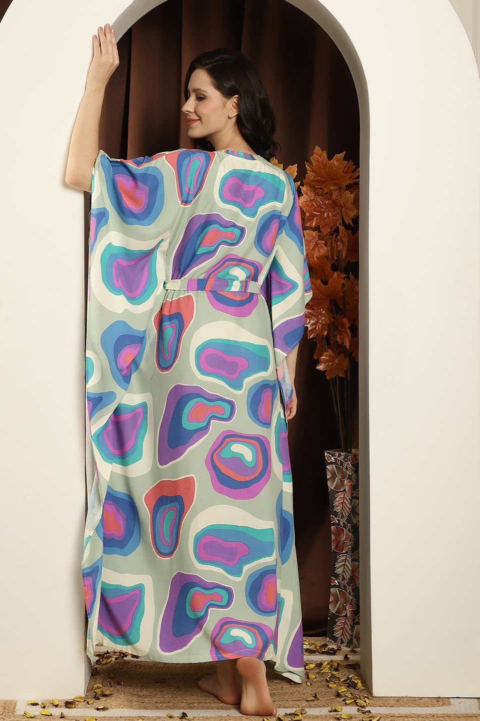 Multicolor Abstract Printed Viscose Rayon kaftan For Woman Claura Designs Pvt. Ltd. Kaftan Abstract, kaftan, Kaftan_allsizes, multi color, Nightdress, Printed, Rayon, Sleepwear, V-Neck