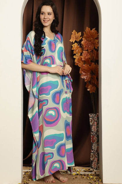 Multicolor Abstract Printed Viscose Rayon kaftan For Woman Claura Designs Pvt. Ltd. Kaftan Abstract, kaftan, Kaftan_allsizes, multi color, Nightdress, Printed, Rayon, Sleepwear, V-Neck