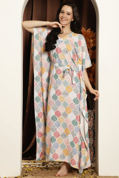 Multi Geometric Printed Viscose Rayon kaftan Maxi Nightdress Claura Designs Pvt. Ltd. Kaftan kaftan, Kaftan_allsizes, multi color, Nightdress, Printed, Rayon, Sleepwear, V-Neck