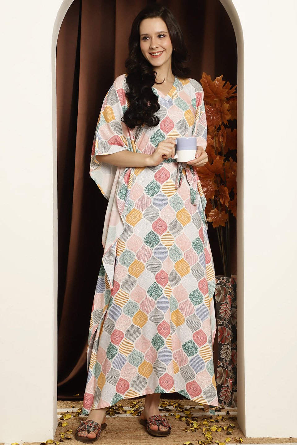 Multi Geometric Printed Viscose Rayon kaftan Maxi Nightdress Claura Designs Pvt. Ltd. Kaftan kaftan, Kaftan_allsizes, multi color, Nightdress, Printed, Rayon, Sleepwear, V-Neck