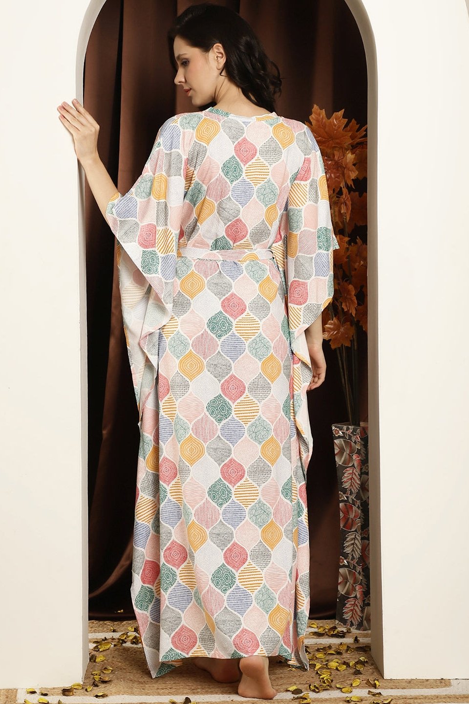 Multi Geometric Printed Viscose Rayon kaftan Maxi Nightdress Claura Designs Pvt. Ltd. Kaftan kaftan, Kaftan_allsizes, multi color, Nightdress, Printed, Rayon, Sleepwear, V-Neck