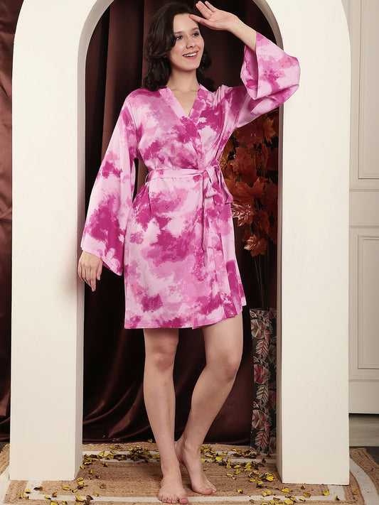 Pink Abstract Printed Viscose Rayon Robe For Women Claura Designs Pvt. Ltd. Robe Abstract, Kaftan_allsizes, Long Sleeves, Pink, Rayon, Robe, Sleepwear